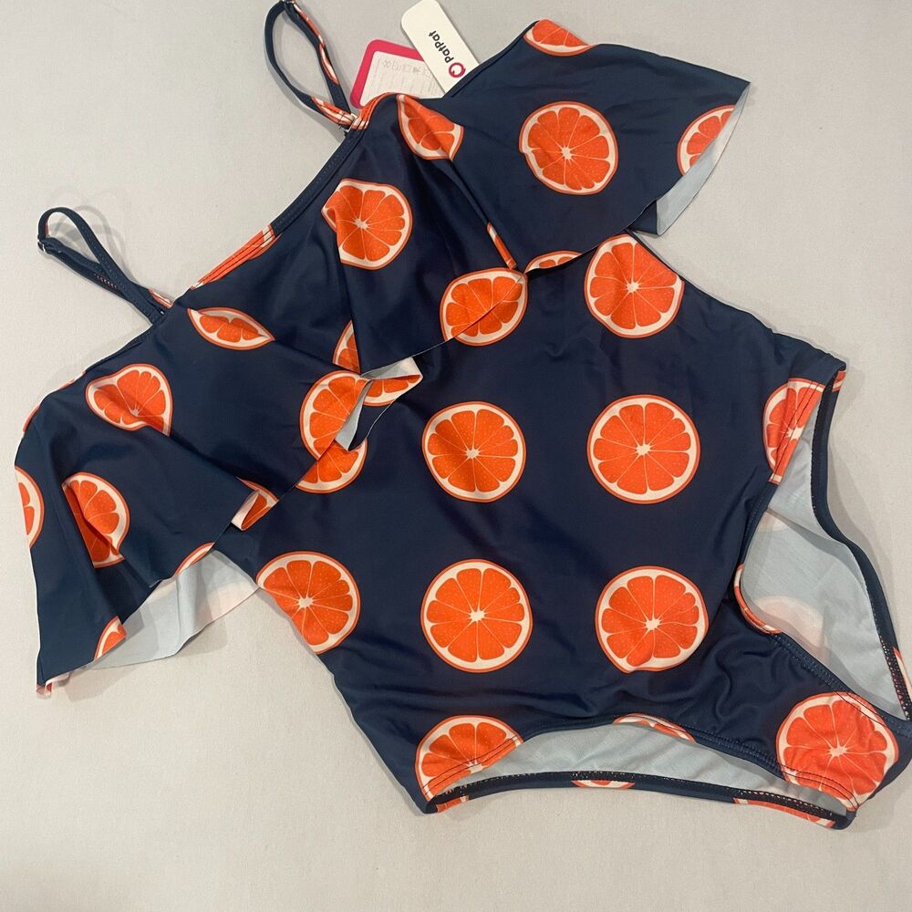 NEW! PatPat Med Swimsuit Oranges Citrus 1pc Convertible Straps Ruffle Womens NWT